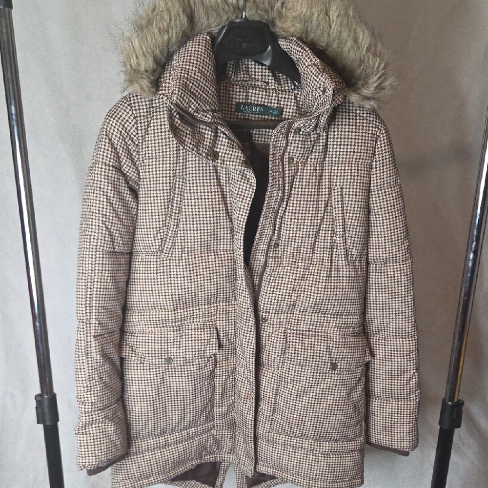 Lauren Ralph Lauren Checkered Parka with Faux Fur Trim